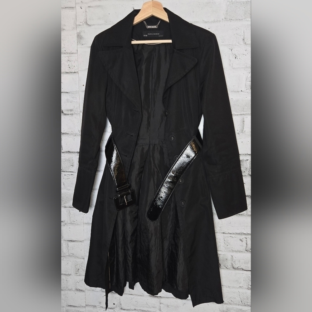 ZARA Black Belted Trench Coat Longline Classic Button Front Size Large - Picture 7 of 15